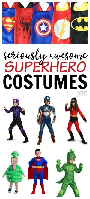 A collage of photos of cool superhero costumes for kids, including various superhero capes and both boys and girls wearing super hero costumes including Captain America and Superman.