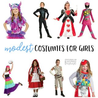 A collage of 8 photos of girls wearing cute but modest Halloween costumes, including a furry purple monster costume, a fancy Queen of Hearts costume, a pink Power Rangers costume, a red and white Little Red Riding Hood costume, and a clever Gumball Machine costume.