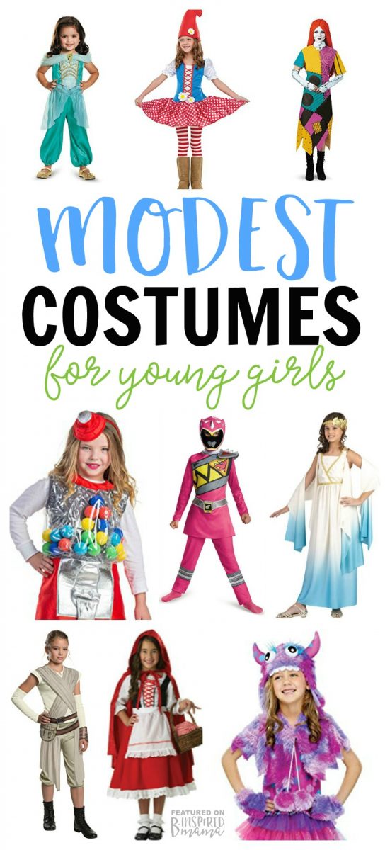A collage of 9 photos of cute but modest Halloween costumes for girls, including a cute gnome costume, a furry purple monster costume, a fancy Queen of Hearts costume, a pink Power Rangers costume, a red and white Little Red Riding Hood costume, and a clever Gumball Machine costume.