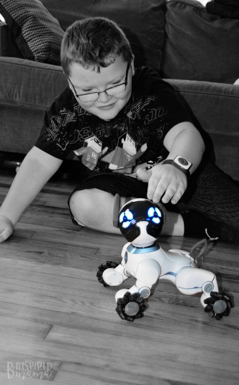 Sawyer loves his new pet - 2 Cool Toys your High-Tech Kids will Love - at B-Inspired Mama