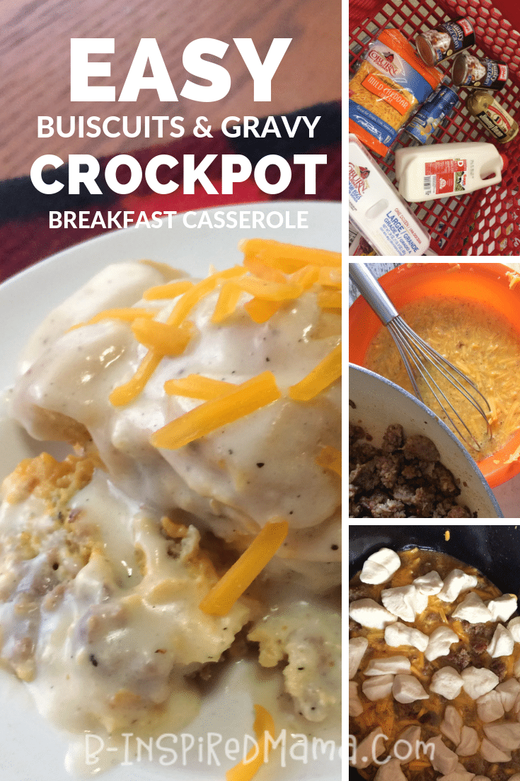 A collage of 4 photos of the steps to make an Easy Crockpot Biscuits and Gravy Casserole Recipe.