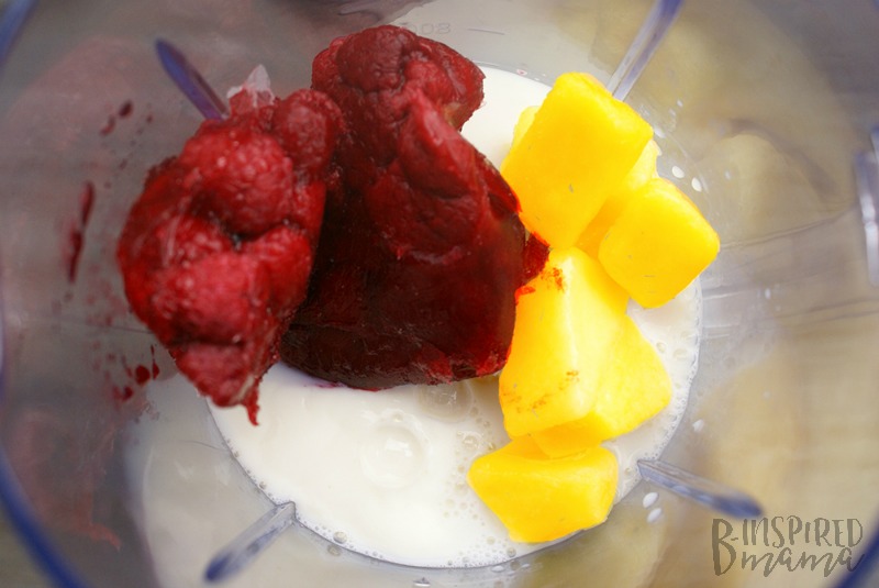 Blending up our Mango Razzy Berry Kids Fruit Smoothie - at B-Inspired Mama