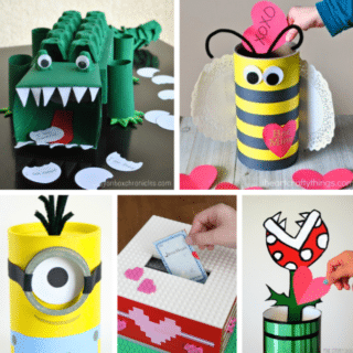 A collage of 5 photos of fun and creative Valentine box ideas for kids from preschool through kindergarten through grade school, including a cool green alligator Valentine box made out of painted recycled boxes, egg cartons, and toilet paper tubes, a bumble bee Valentines Day mailbox made out of an oatmeal canister covered in black and yellow stripes of paper with pipe cleaner antennae and white paper doily wings, a yellow Minion Valentine card holder made out of a paper-covered canister and a canning ring for goggles, a cute pink and red Valentines box idea made out of LEGO bricks, and a Nintendo Piranha Plant Valentine mailbox made out of painted and paper-covered cardboard and a canister.
