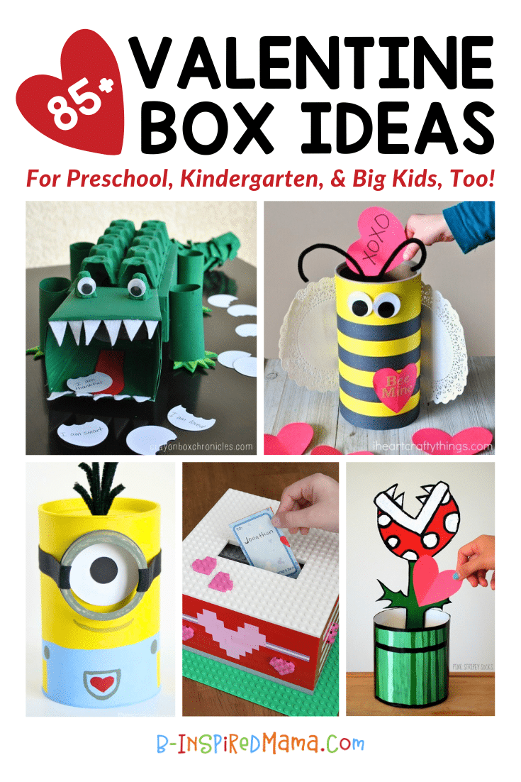 A collage of 5 photos of fun and creative Valentine box ideas for kids from preschool through kindergarten through grade school, including a cool green alligator Valentine box made out of painted recycled boxes, egg cartons, and toilet paper tubes, a bumble bee Valentines Day mailbox made out of an oatmeal canister covered in black and yellow stripes of paper with pipe cleaner antennae and white paper doily wings, a yellow Minion Valentine card holder made out of a paper-covered canister and a canning ring for goggles, a cute pink and red Valentines box idea made out of LEGO bricks, and a Nintendo Piranha Plant Valentine mailbox made out of painted and paper-covered cardboard and a canister.