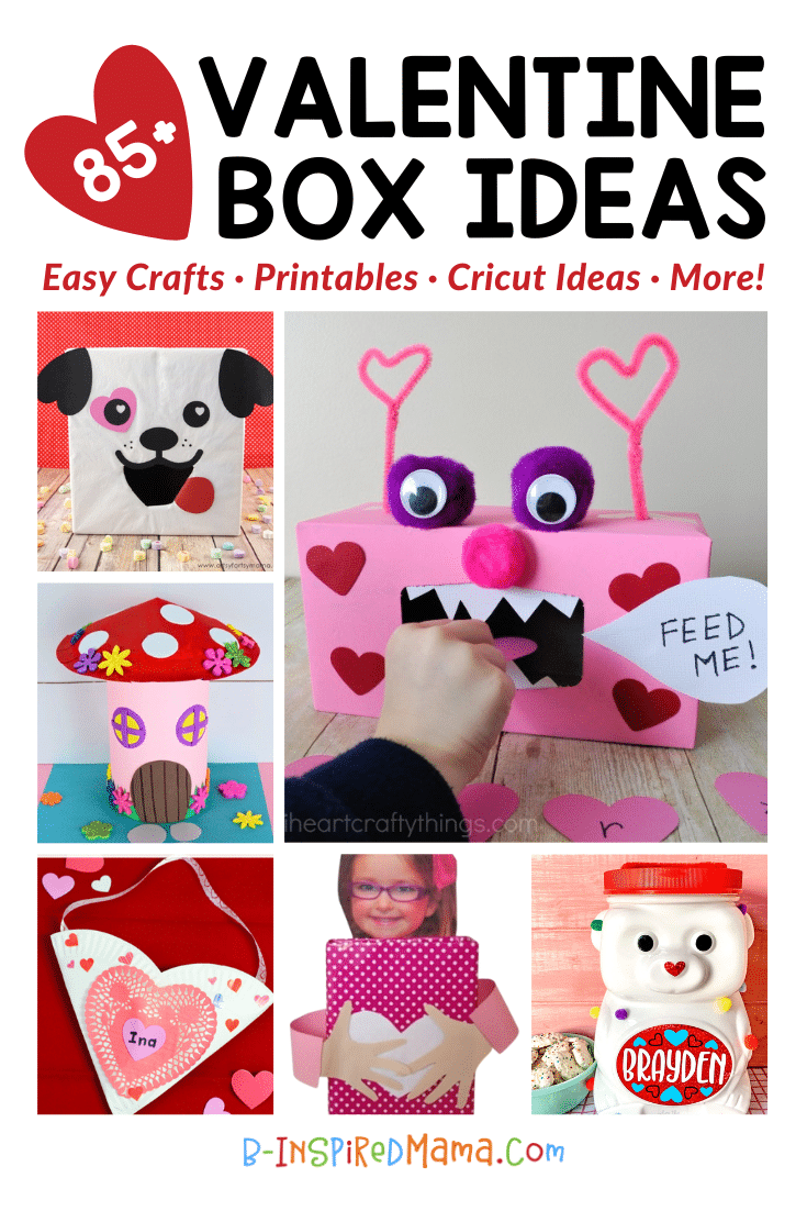 A collage of 6 photos of fun and creative Valentine box ideas for kids of all ages, including: a cute puppy dog Valentine box made out of a paper-covered cardboard box with Cricut cut heart ears, eyes, nose, mouth, and tongue glued onto it; a fun monster Valentine mailbox made out of a tissue box painted pink and decorates with red hearts, pom poms, googly eyes, pink pipe cleaner heart-shaped antennae, and sharp white paper teeth inside the edges of a cut out slot mouth with a white paper speech bubble reading "Feed me!"