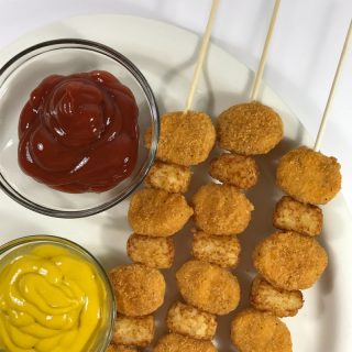 Seriously easy Nugget and Tot Kabobs for Kids - perfect for a Super Bowl Party or a simple family dinner - at B-Inspired Mama