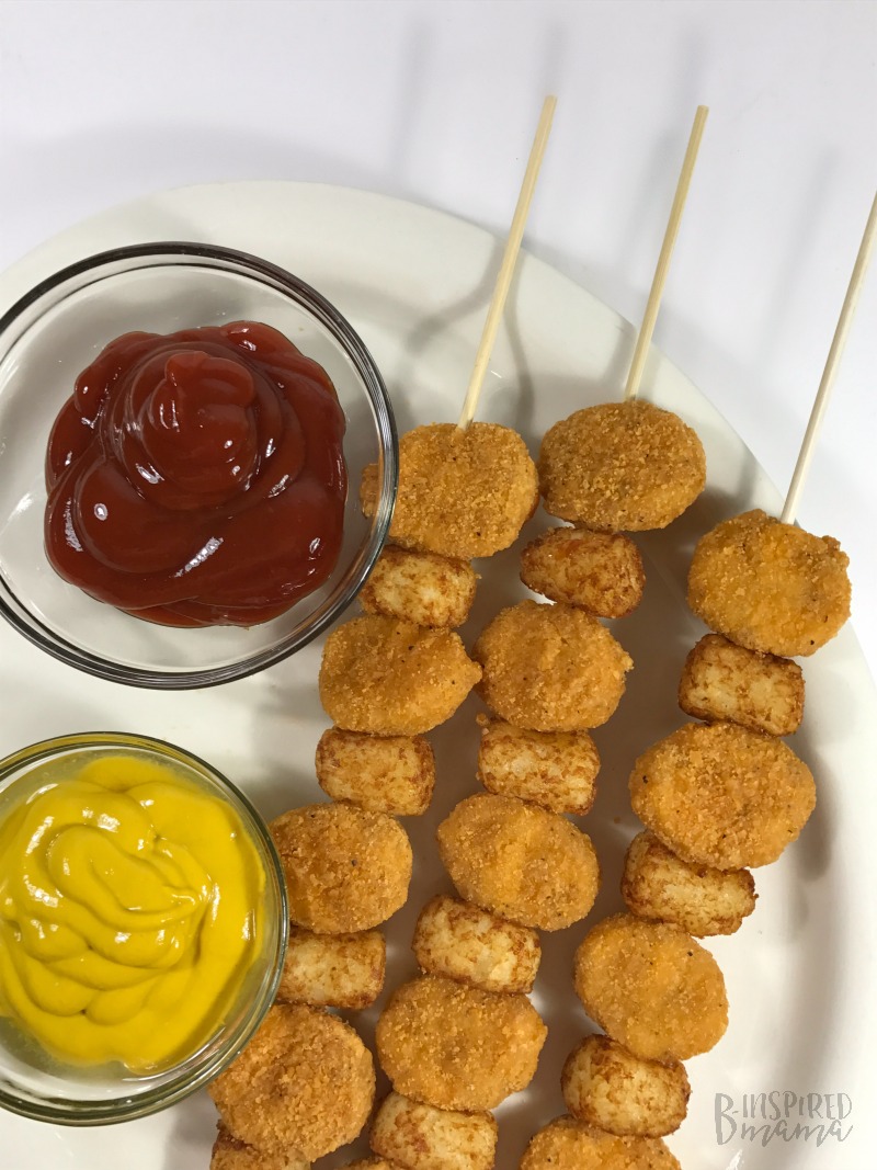 Seriously easy Nugget and Tot Kabobs for Kids - perfect for a Super Bowl Party or a simple family dinner - at B-Inspired Mama