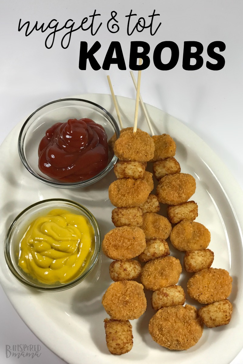 Super easy Nugget and Tot Kabobs for Kids - perfect for a Super Bowl Party or a simple family dinner - at B-Inspired Mama