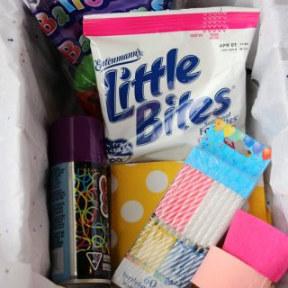 Gather party supplies to a make a Birthday in a Box - for that special child you can't see on her Birthday