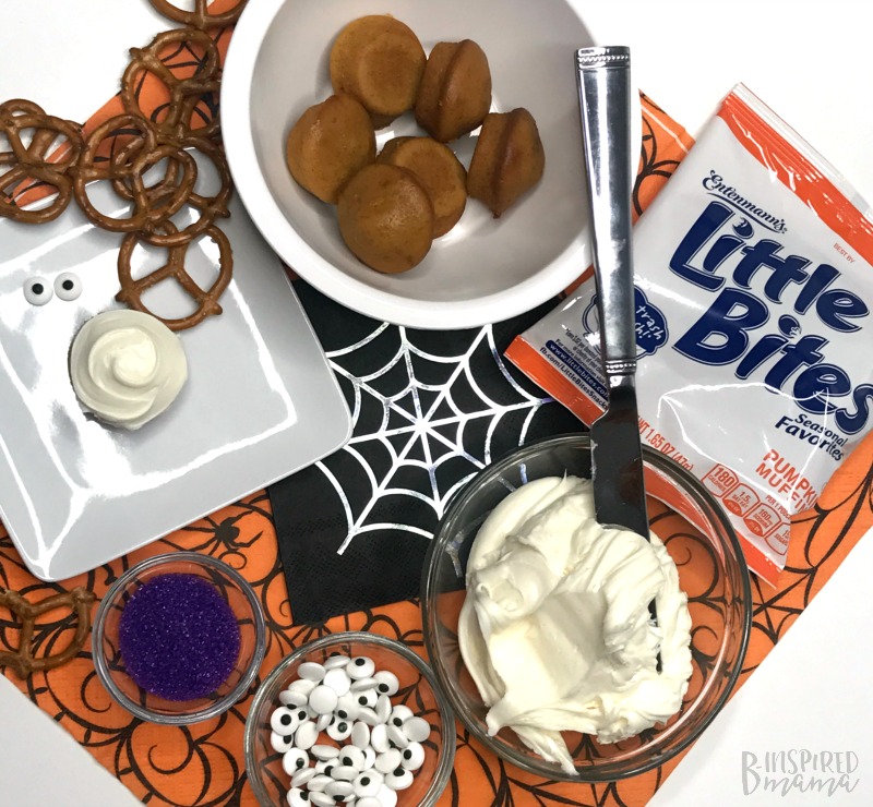 Frosting on Little Bites Pumpkin Muffins - Spider Bites for a fun Halloween Snack for Kids