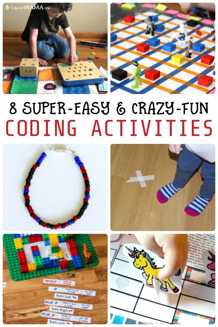 A collage of 6 photos of fun coding activities for kids including a preschooler playing with a robot coding toy, a coding necklace craft, a LEGO coding activity, and a printable unicorn coding game. The text reads Easy and Fun Coding Activities for Kids.