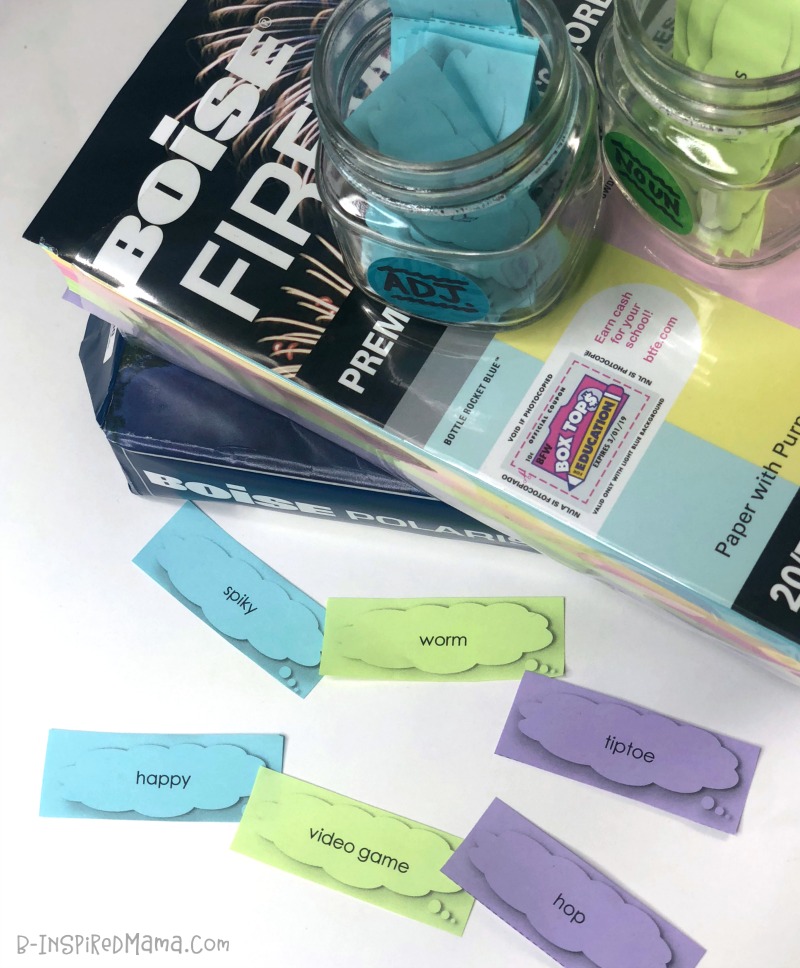 Get some Box Tops for your school when you use Boise Paper to print your Noun, Verb, and Adjective Cards for Silly and Fun Kids Writing Prompts