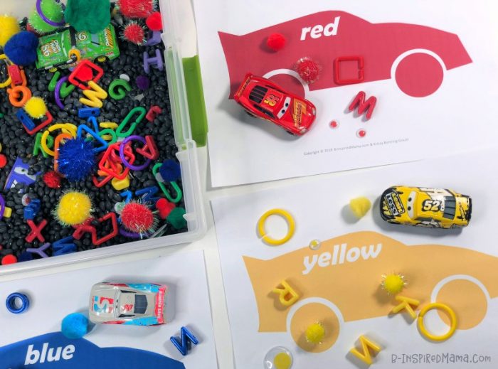Printable Car Color Sorting Mats in all 6 Colors of the Rainbow! - for a Fun Race Car Themed Color Sorting Sensory Bin and some new Cars 3 Toys from Walmart!
