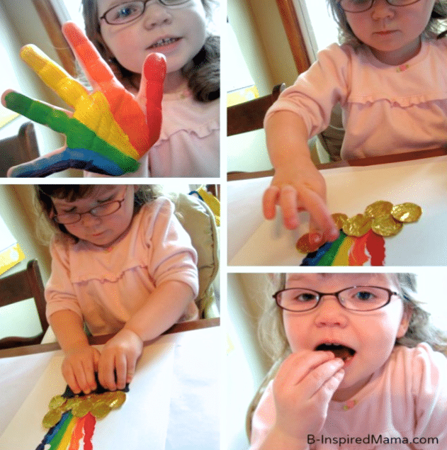 Photos of a little girl making a Rainbow Pot of Gold St Patrick's Day Handprint Craft