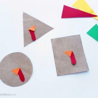 A photo of a step in the process of making a shape turkey craft with preschoolers.