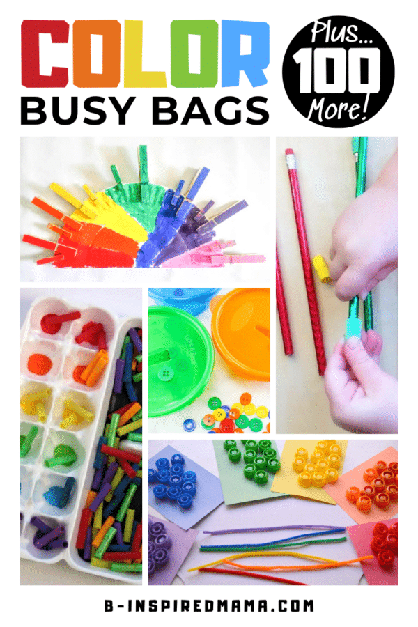 A collage of photos of various preschool busy bags for learning colors.