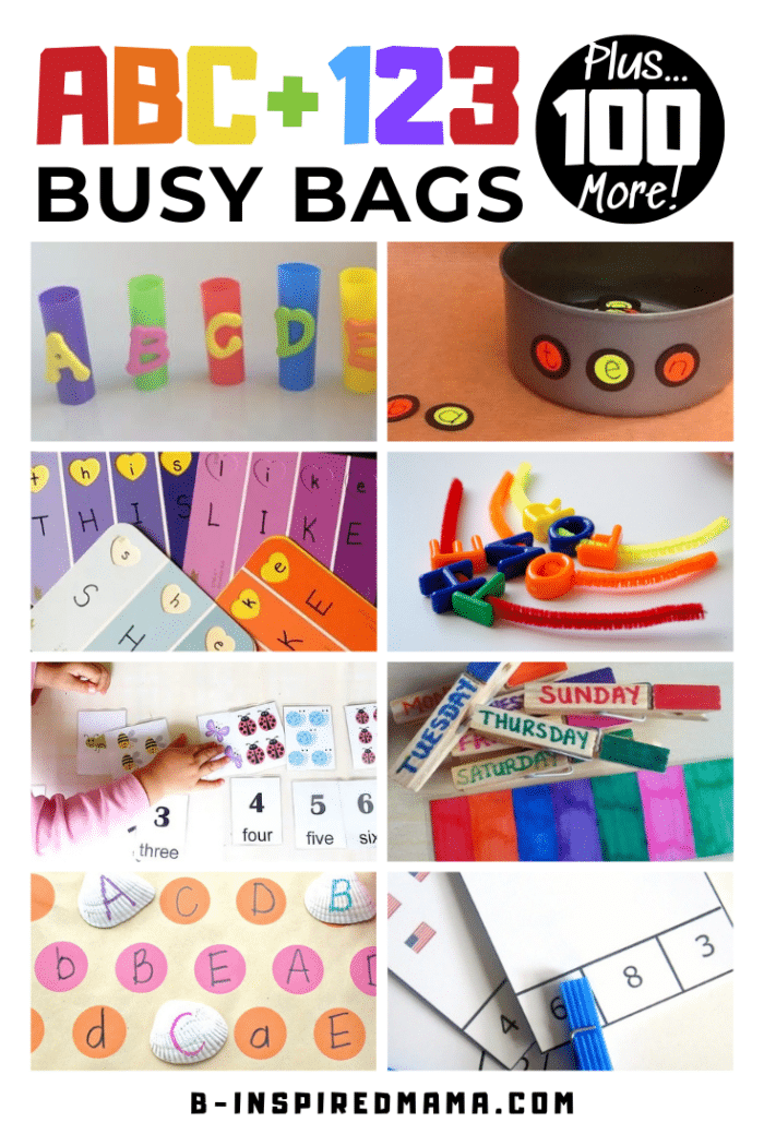 A collage of photos of preschool busy bags for learning the alphabet and numbers.