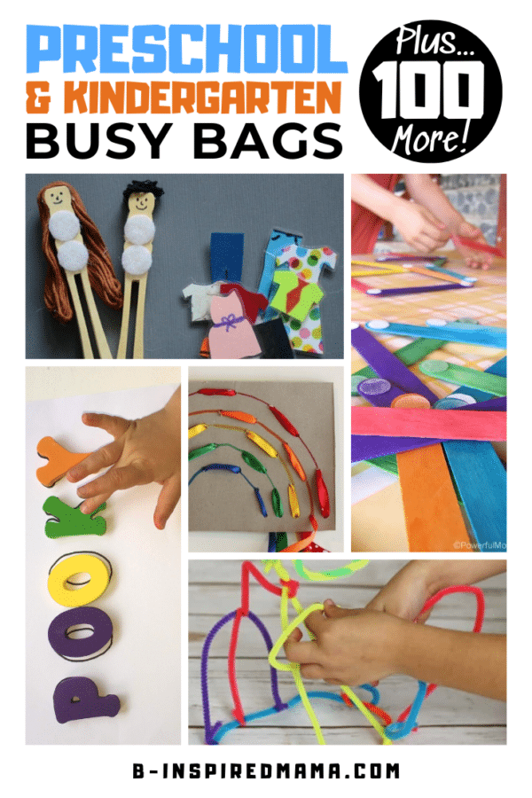 A collage of photos of various busy bags for preschool and kindergarten.