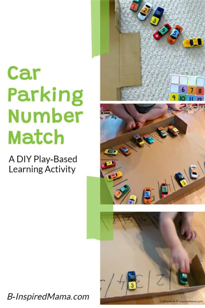 Collage of three photos showing a toddler child doing a DIY Car Parking Number Match Activity, including playing with small toy cars labeled with numbers and parking them in matching numbered parking spaces inside a simple DIY cardboard box parking garage.