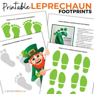 A collage of printable sheets featuring green leprechaun footprints that can be cut out and used to make tracks around the house for St. Patrick's Day. Plus a printable with photos and step by step instructions for painting leprechaun footprints with your hand and fingertips.
