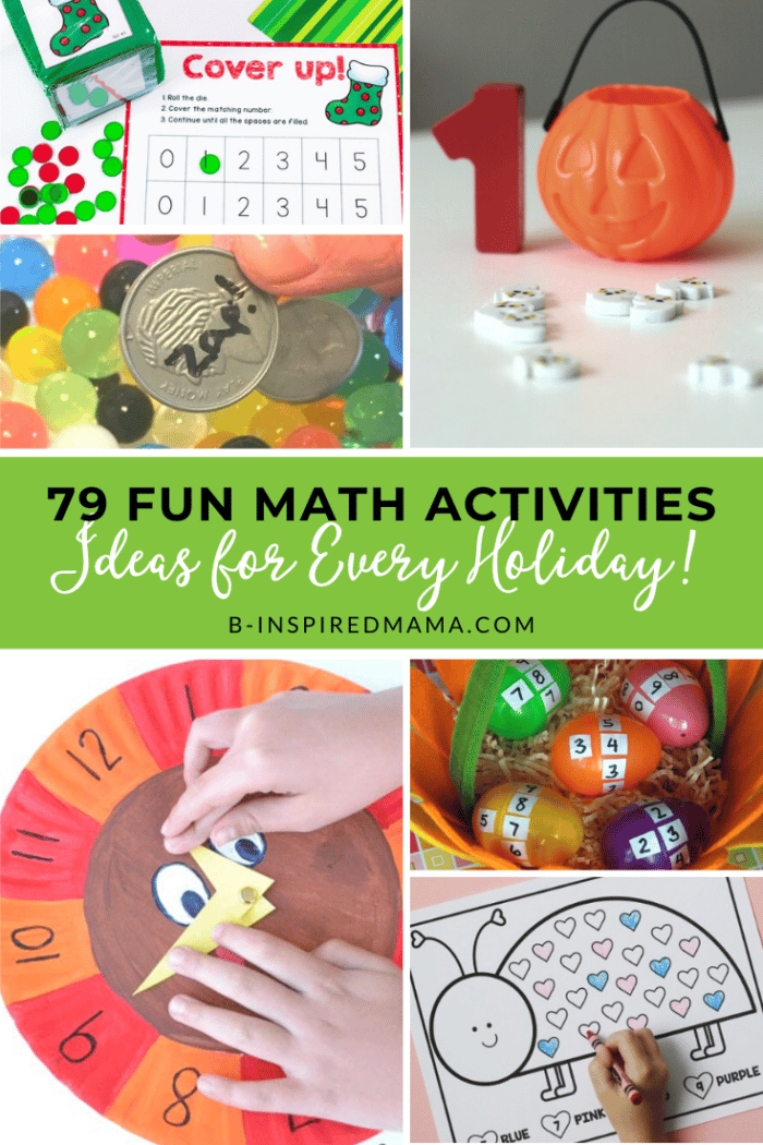 A collage of photos of various fun Holiday Activities for Preschool Math.