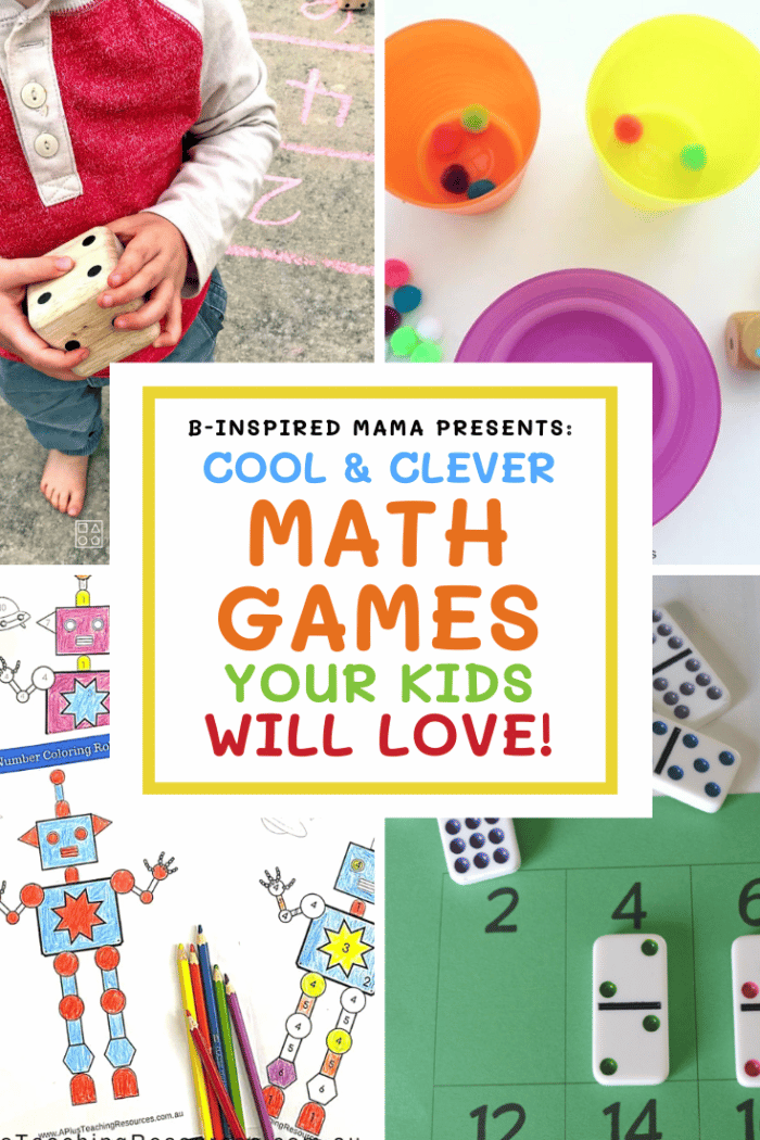 A collage of photos of cool math games including an Outdoor Math & Movement Game, a Shake & Roll Counting Game, Printable Robot Math Games, and a Domino Doubles Math Game.