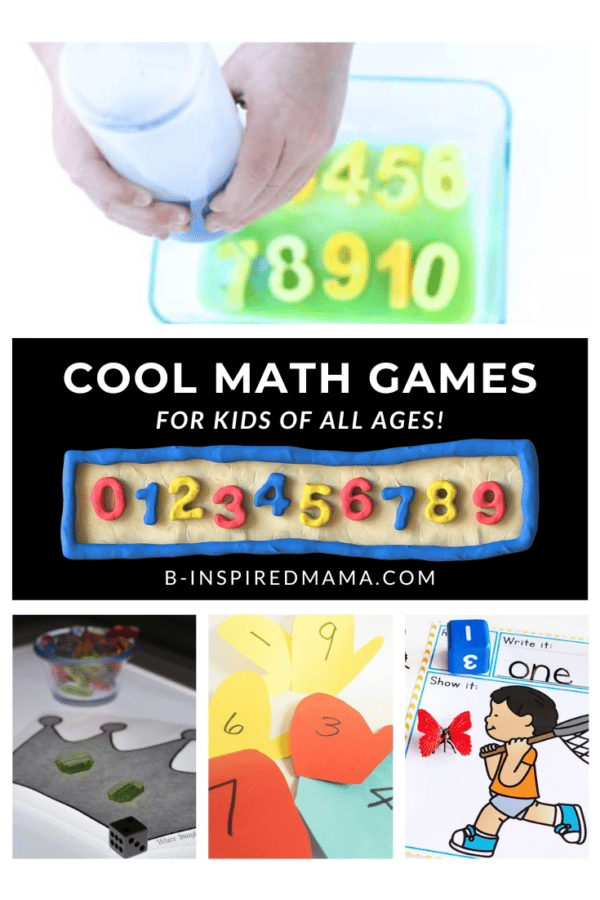 A collage of photos of various maths games including a Squirt & Fizz Math Game, Light Table Princess Crown Game, Number Mittens Game, and Butterfly Catching Math Game.