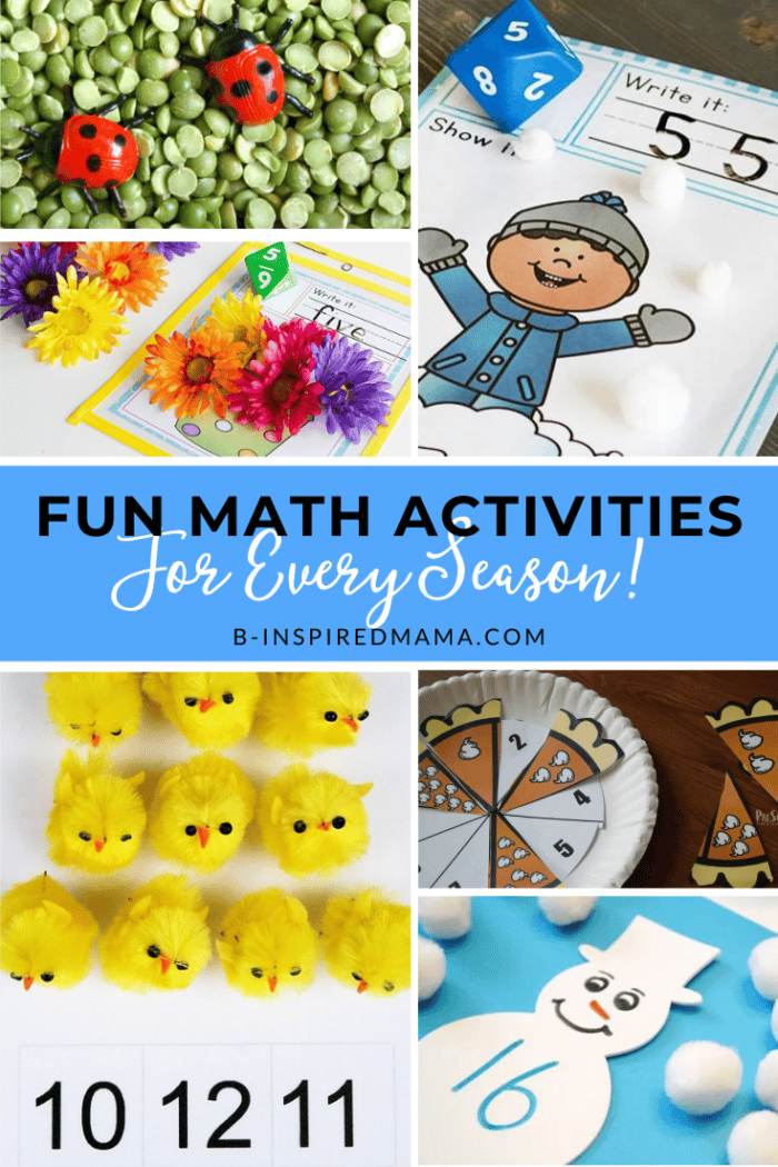 A collage of photos of various Preschool Math Activities — for Every Season — including a Ladybug Counting Sensory Activity, a Roll and Count Snowflakes Game, a Flower Pot Counting Game, Montessori-Inspired Spring Math Activities, a Count to 10 Pumpkin Pie Activity for Fall, and a Winter Snowman Math Game.