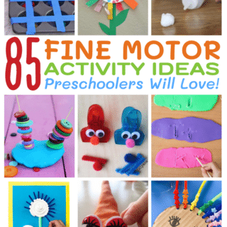 A collage of photos of various fine motor activities for preschoolers, including a child cutting masking tape that is covering the cups of a muffin pan, a colorful paper plate flower craft with crepe paper and construction paper petals, a child playing a cotton ball racing game by squeezing air out of a squeeze bottle to move the cotton ball, a button tower activity with buttons threaded onto dry spaghetti that's stuck in playdough, a clip color game with red and blue bag clips with googly eyes on them, a child using a dowel rod to practice writing letters in playdough, a child making a flower fine motor craft by sticking pipe cleaner petals into air dry clay, a child sticking googly eyes onto a playdough snake, and a preschool craft with a cardboard face and rainbow-colored beaded pipe cleaner hair.