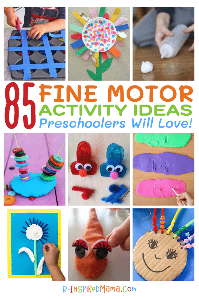 A collage of photos of various fine motor activities for preschoolers, including a child cutting masking tape that is covering the cups of a muffin pan, a colorful paper plate flower craft with crepe paper and construction paper petals, a child playing a cotton ball racing game by squeezing air out of a squeeze bottle to move the cotton ball, a button tower activity with buttons threaded onto dry spaghetti that's stuck in playdough, a clip color game with red and blue bag clips with googly eyes on them, a child using a dowel rod to practice writing letters in playdough, a child making a flower fine motor craft by sticking pipe cleaner petals into air dry clay, a child sticking googly eyes onto a playdough snake, and a preschool craft with a cardboard face and rainbow-colored beaded pipe cleaner hair.