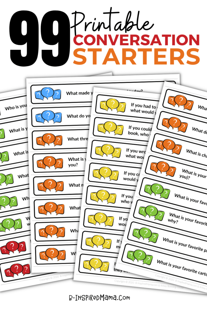 A graphic of 4 pages of printable conversation cards. The title reads "99 Printable Conversation Starters".