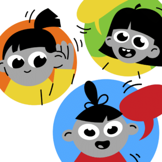 A colorful graphic of three kids talking including two with speech bubbles and one holding their hand up to their ear to listen.