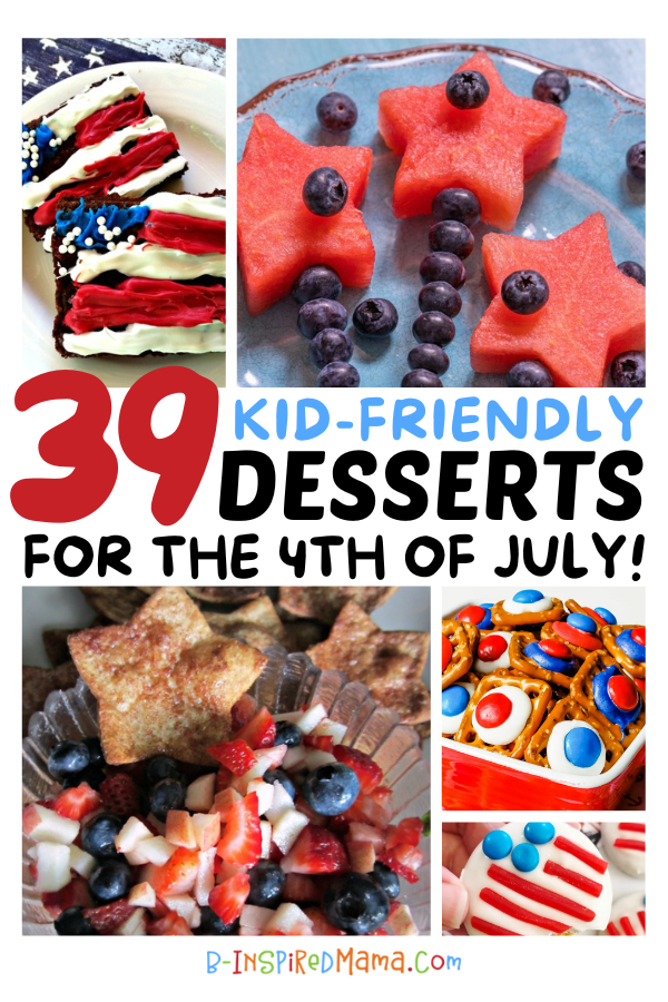 A collage of 5 photos of various kid friendly 4th of July desserts and treats, including American flag brownies decorated with red, white, and blue frosting, fruit sparkler kabobs made with star-shaped watermelon and blueberries, cinnamon star chips alongside a fruit salsa made out of fresh diced apples and berries, pretzel candy bites with patriotic M&M's, and a hand holding a cookie decorated with blueberries and red candy to look like a flag.