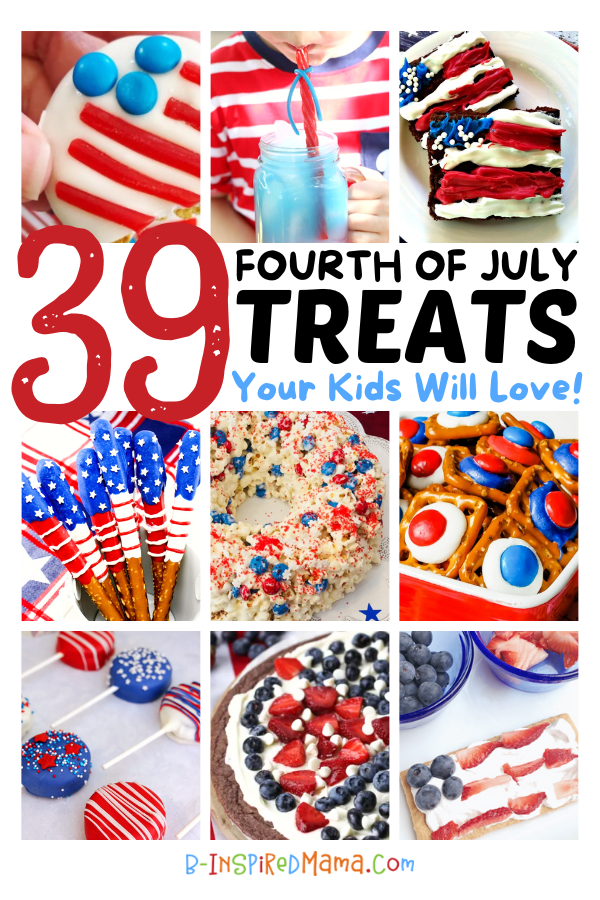 A collage of 9 photos of various kid friendly 4th of July desserts and treats, including a child drinking a red and blue drink using a red licorice straw, a hand holding a cookie decorate with blueberries and red candy to look like a flag, American flag brownies decorated with red, white, and blue frosting, patriotic chocolate-covered pretzel rods, a popcorn marshmallow cake dessert with patriotic sprinkles, pretzel candy bites with patriotic M&M's, red and blue chocolate-covered Oreo cookie pops, a brownie pizza dessert decorated with cream cheese frosting and strawberries and blueberries, and a kids graham cracker American flag snack.