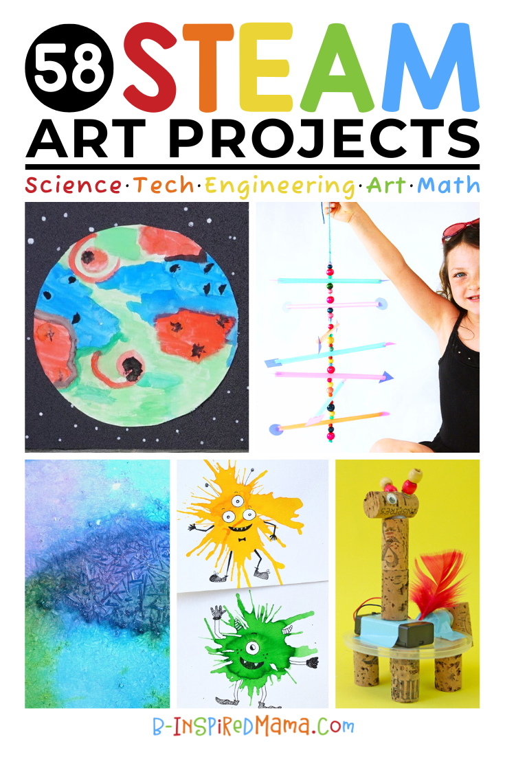 A collage of 5 photos of various STEAM Art Projects for kids, including an oil pastel and watercolor painting of a planet, a girl holding a hanging mobile made out of beads and straws, a colorful crystalized watercolor painting, 2 splat art monsters made by blowing on paint through a straw, and a dancing bot made out of a recycled plastic lid and corks.