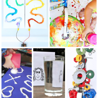 A collage of 5 photos of various STEAM Art Projects for kids, including a colorful salt painting lines lit up with a circuit, a preschooler squirting paint on a spinning paper-covered bicycle wheel, a young child pouring salt onto glue lines on a piece of paper, a simple child's drawing propped up behind a glass of water with the drawing morphed in the glass, and a metal magnetic sculpture made out of painted loose parts.