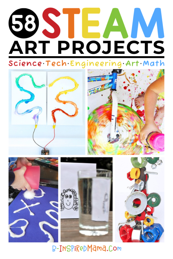 A collage of 5 photos of various STEAM Art Projects for kids, including a colorful salt painting lines lit up with a circuit, a preschooler squirting paint on a spinning paper-covered bicycle wheel, a young child pouring salt onto glue lines on a piece of paper, a simple child's drawing propped up behind a glass of water with the drawing morphed in the glass, and a metal magnetic sculpture made out of painted loose parts.