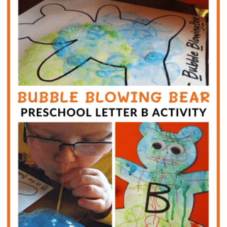 A collage of 3 photos of a child doing a letter B activity for preschool. One photo includes a small hand poking bubbles that are on a white piece of paper with a bear shape printed on it. Another photo includes a young child blowing through a straw into a bowl to create billowing blue bubbles. And the final photo includes a colorful bear-shaped letter B craft with a big letter B and googly eyes.