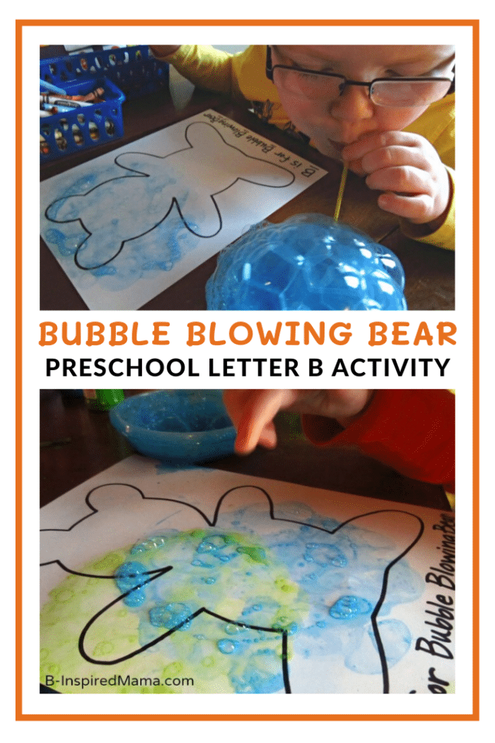 A collage of 2 photos of a child doing a letter B activity for preschool. One photo includes a young child blowing through a straw into a bowl to create billowing blue bubbles. The other photo includes a small hand poking bubbles that are on a white piece of paper with a bear shape printed on it.