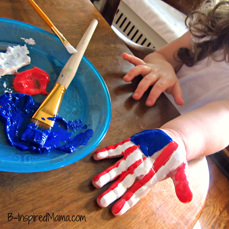 A collage of a young child holding their hand out to be painted with red, white, and blue paint like an American flag for a patriotic handprint flag craft.