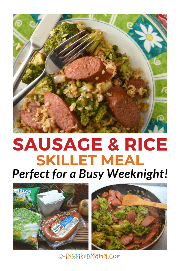 A collage of 3 photos of the steps for a Smoked Sausage and Rice Skillet Recipe, including a photo of the ingredients (a package of Hillshire Farm Smoked Sausage, frozen broccoli, frozen peas, an onion, leftover white rice, and soy sauce), a photo of a wooden spoon stirring sliced sausage and broccoli in a frying pan on the stove, and a photo of a plate with a prepared Smoked Sausage and Rice Skillet Meal.