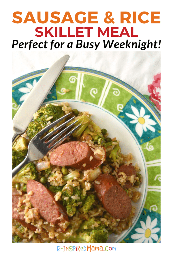 A photo of a plate with a prepared Smoked Sausage and Rice Skillet Recipe.