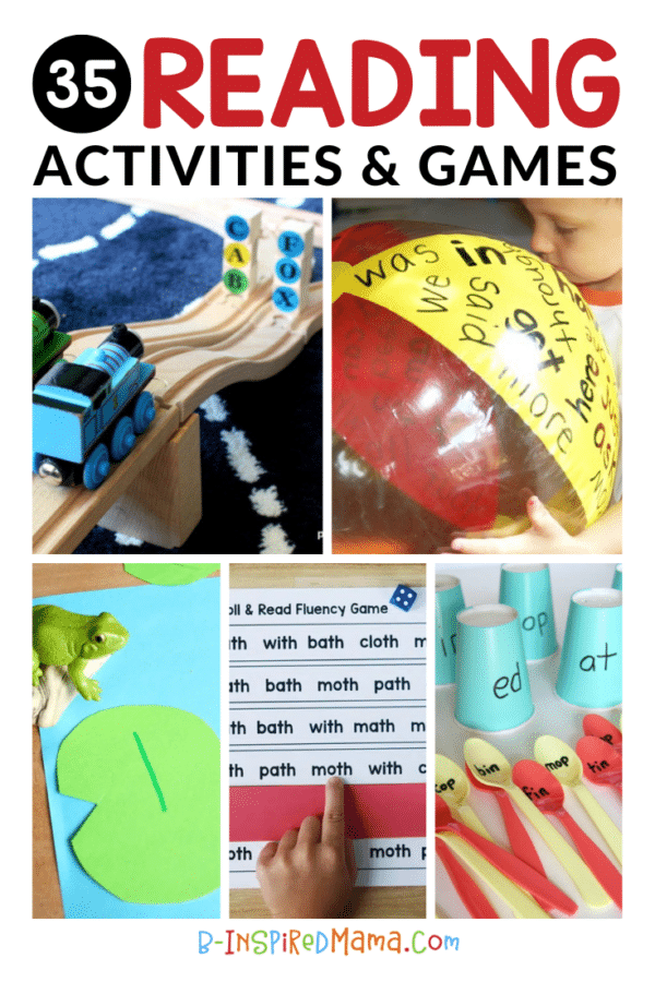 A collage of 5 photos of fun reading activities and games for kids, including a toy train word crash activity, a beach ball sight word game, a toy frog hop reading activity, a printable reading fluency game, and a word family game made out of paper cups and plastic spoons.