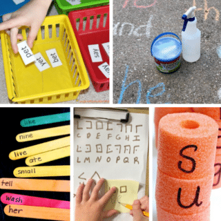 A collage of 5 photos of fun reading activities and games for kids, including a sight word sorting game, an outdoor squirt the word activity, a craft stick word family game, a secret message reading activity, and a pool noodle block word building activity.