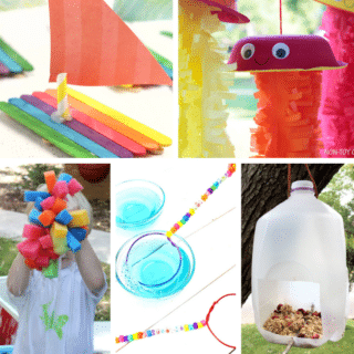 A collage of 5 photos of fun and easy preschool summer crafts, including a colorful popsicle stick boat craft, cute hanging jellyfish made out of paper bowls, a child holding sponge splash balls, homemade bubble wands make out of beaded wire, and a plastic milk jug bird feeder craft.