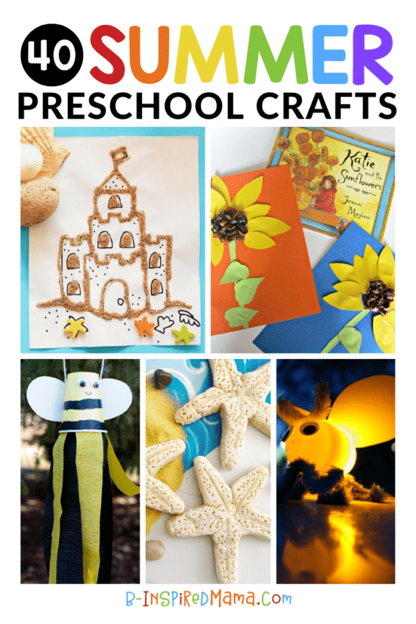 A collage of 5 photos of fun and colorful preschool summer crafts, including a sand castle art project, a sunflower paper collage craft, a cute bumble bee windsock craft, salt dough starfish, and a glowing firefly craft.