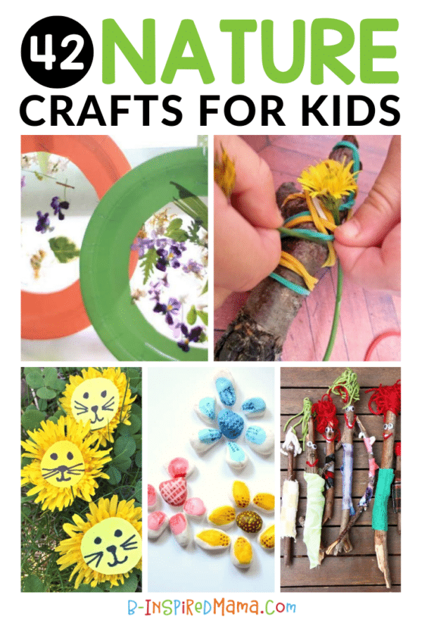 A collage of 5 photos of fun Spring nature crafts for kids, including a paper plate suncatcher craft, a child's hands making a magic wand with rubber bands and a stick, dandelions turned into cute little lions, painted rocks arranged like flower petals, and a silly stick people craft.
