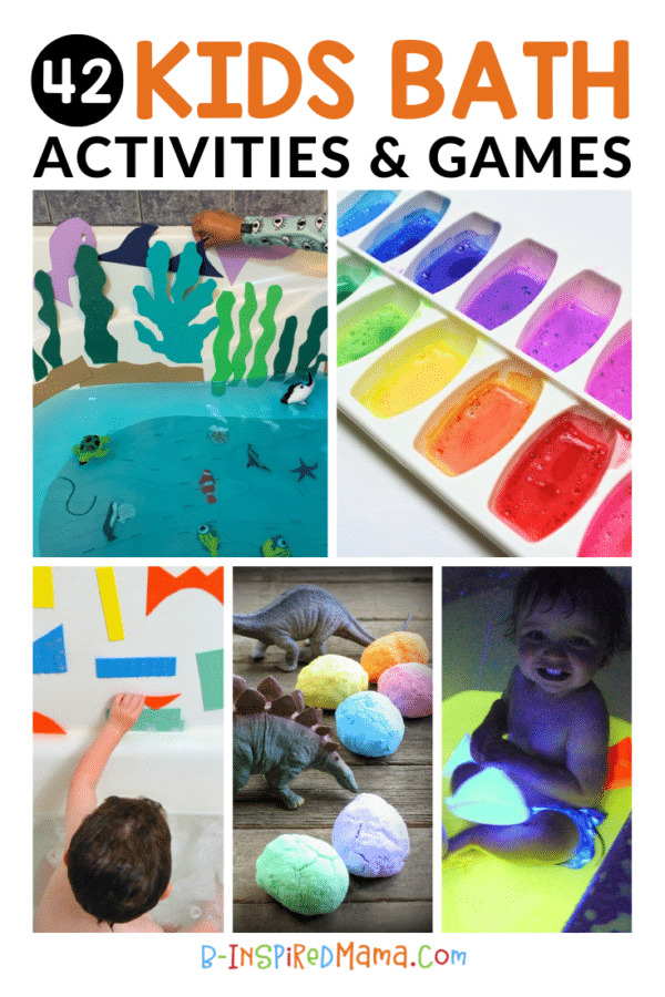 A collage of 5 photos of fun bath activities for kids, including an under the sea bath idea, an ice cube tray filled with colorful homemade bath paint, a child in a bath tub making art on the wall using foam shapes, a group of rainbow DIY bath bombs and plastic dinosaur toys, and a happy toddler sitting in a bath tub of glowing water.