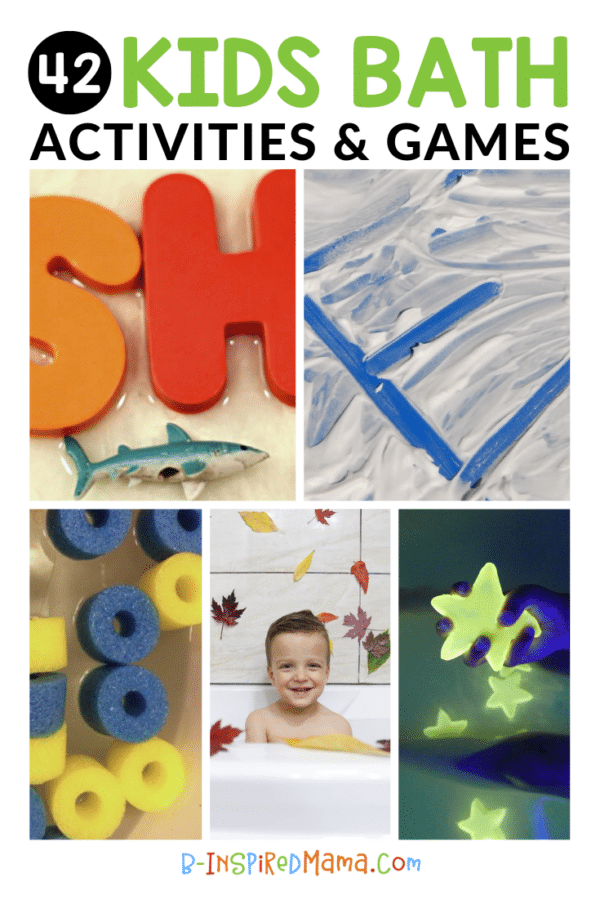 A collage of 5 photos of easy and fun bath activities for toddlers, preschoolers, and big kids, including a learning bath game using foam letters and plastic sea animal toys, a shaving cream writing bath activity, pool noodle pieces in bath water, a happy child sitting in a bathtub with fall leaves around them, and a child holding a glowing jelly star in a bath tub.