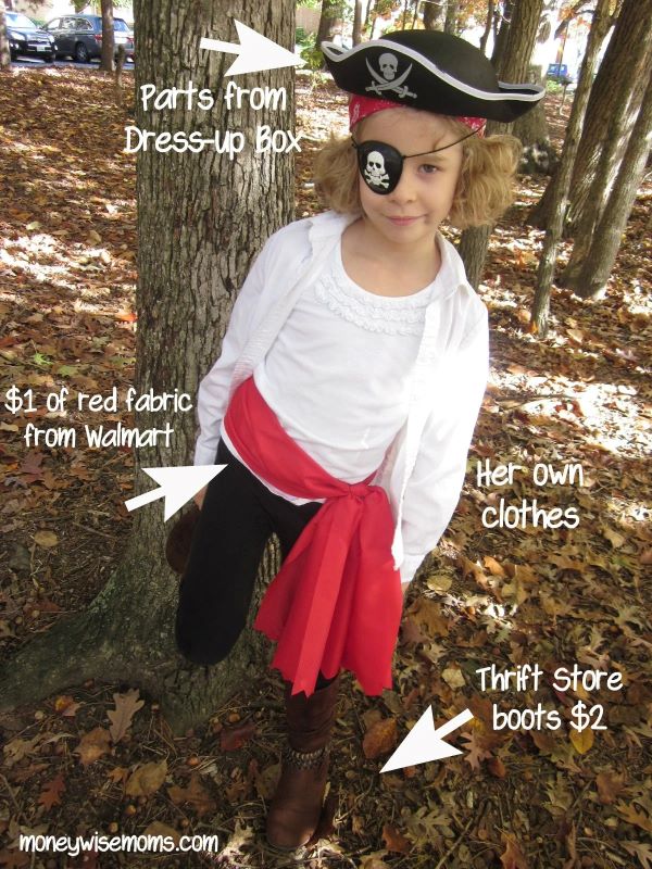 A photo of a young girl dressed up in a DIY Pirate costume for Halloween.